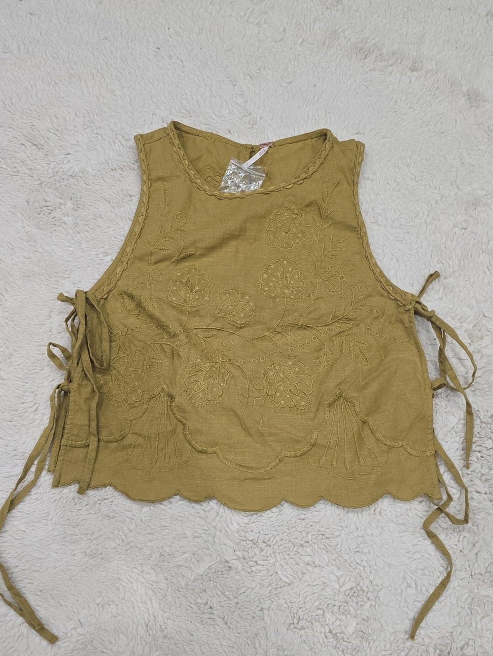 Free People Olive Embroidered Side-Tie Crop Top